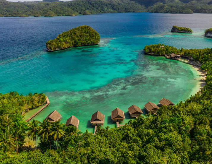 High angle shot of overwater bungalows